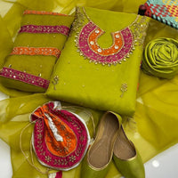 5-Piece Unstitched Organza Dress – Tilla Aari Embroidery with Khussa & Bag