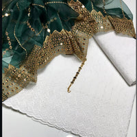 3-Piece Unstitched Summer Fancy Dress – White Chickenkari with Organza Foil Dupatta & Mirror Neckline