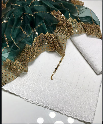 3-Piece Unstitched Summer Fancy Dress – White Chickenkari with Organza Foil Dupatta & Mirror Neckline