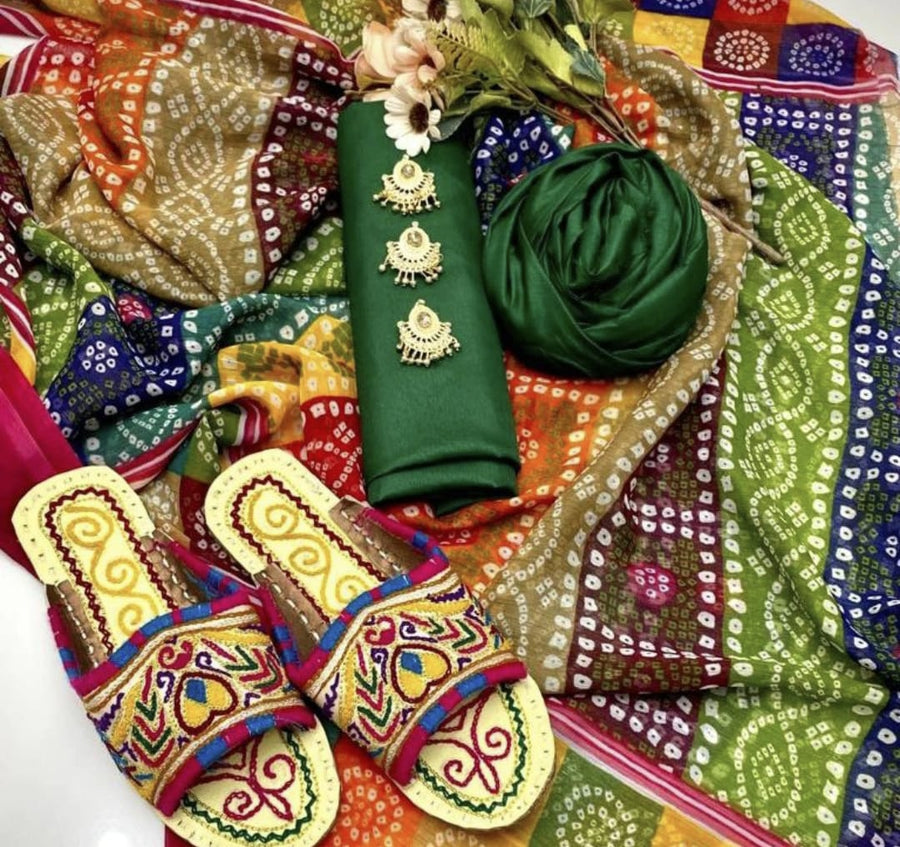 3-Piece Unstitched Kataan Silk Dress – Chunri Dupatta with Handmade Sleeper