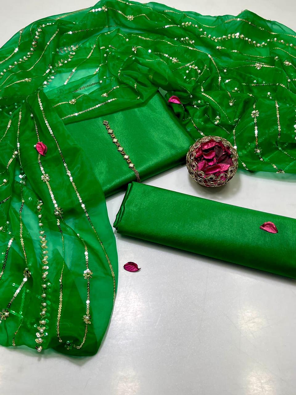 3-Piece Unstitched Suit – Kataan Silk Shirt & Shalwar with Sequin Embroidered Tissue Organza Dupatta