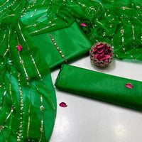 3-Piece Unstitched Suit – Kataan Silk Shirt & Shalwar with Sequin Embroidered Tissue Organza Dupatta