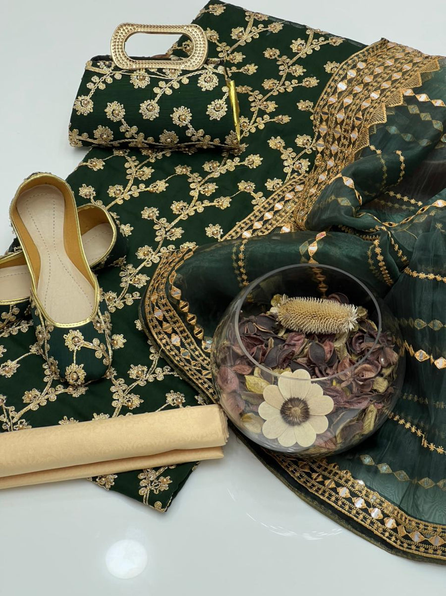 5-Piece Unstitched Wedding Dress – Georgette Shirt, Masoori Trouser, Organza Dupatta with Khussa & Clutch