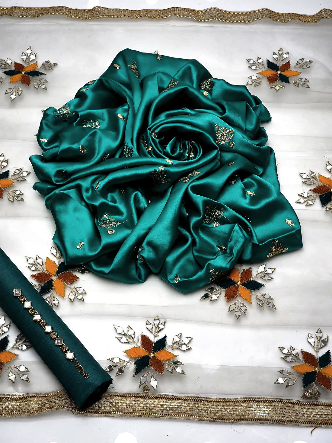 3-Piece Unstitched Fancy Dress – Shamooz Silk Embroidered Shirt with Indian Net Dupatta