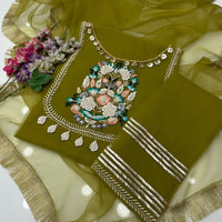 3-Piece Unstitched Organza Molty Work Dress – With Kataan Trouser & Dupatta