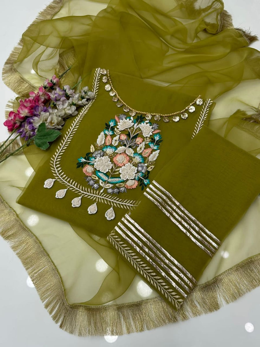 3-Piece Unstitched Organza Molty Work Dress – With Kataan Trouser & Dupatta