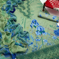 3-Piece Unstitched Lawn Suit – Printed Shirt with Embroidered Patches & Chiffon Dupatta