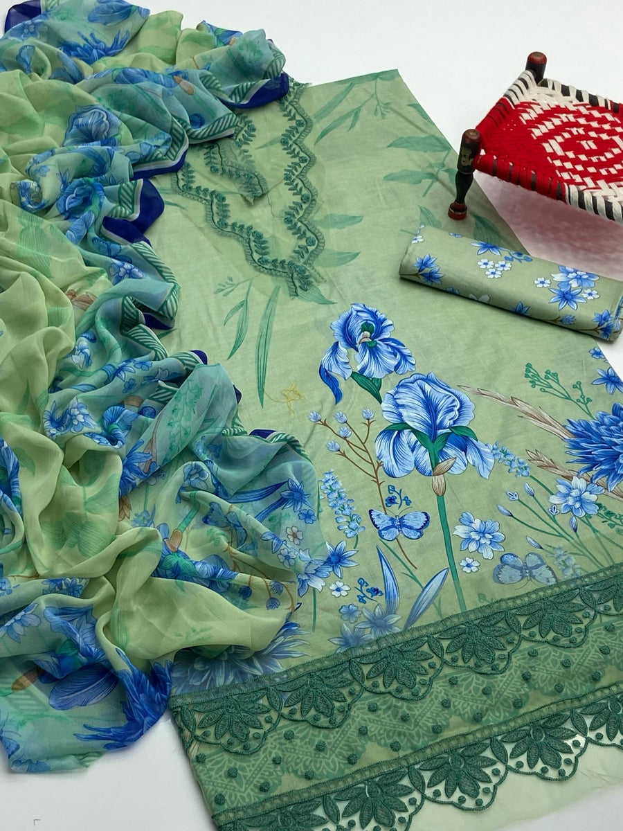 3-Piece Unstitched Lawn Suit – Printed Shirt with Embroidered Patches & Chiffon Dupatta