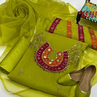 4-Piece Unstitched Organza Dress – Aari Zari Work with Patch Bazo, Dupatta & Khussa