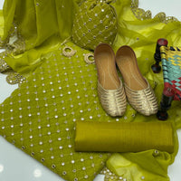5-Piece Unstitched Fancy Chiffon Suit – Sheesha Zaari Work with Khussa & Potli Bag