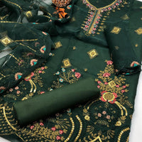 3-Piece Fancy Embroidered Organza Dress – Kataan Silk Trouser & Embroidered Dupatta