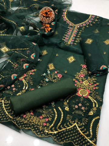 3-Piece Fancy Embroidered Organza Dress – Kataan Silk Trouser & Embroidered Dupatta
