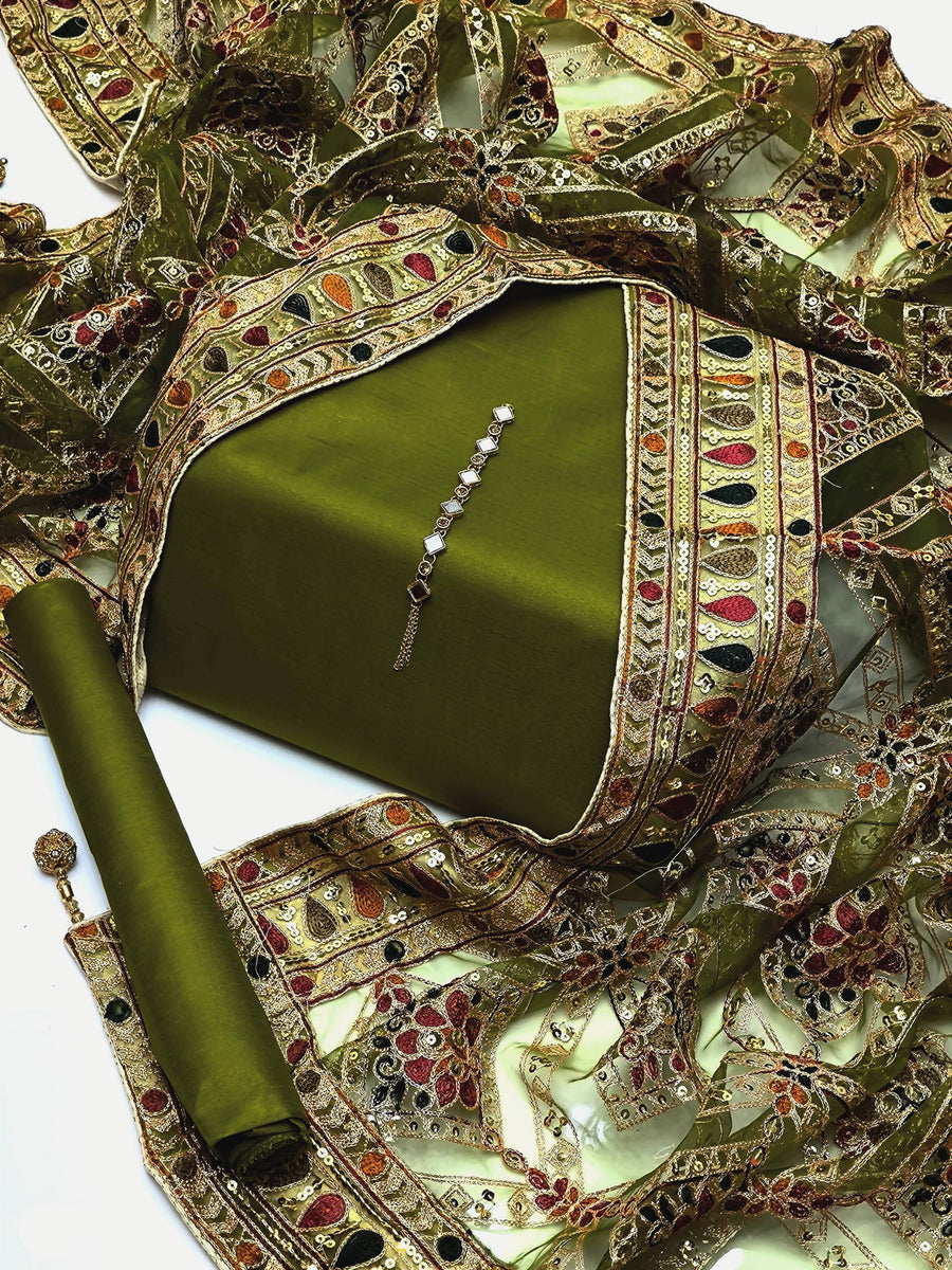 3-Piece Unstitched Kataan Silk Suit – Heavy Indian Embroidered Dupatta & Neckline Gift