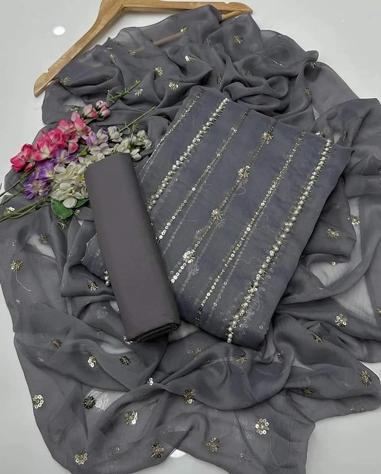 3-Piece Unstitched Fancy Suit – Chiffon Pearl Work with Silk Trouser