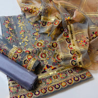 3-Piece Unstitched Organza Embroidered Dress – Sequin Dupatta & Kataan Silk Trouser