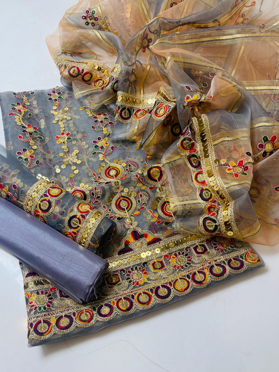 3-Piece Unstitched Organza Embroidered Dress – Sequin Dupatta & Kataan Silk Trouser