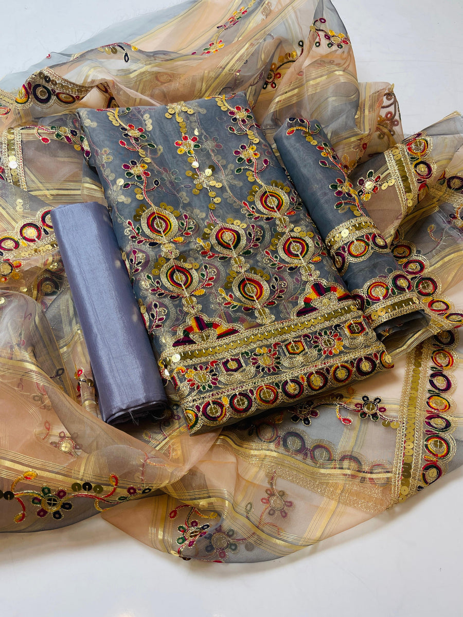 3-Piece Unstitched Organza Embroidered Dress – Sequin Dupatta & Kataan Silk Trouser