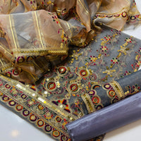 3-Piece Unstitched Organza Embroidered Dress – Sequin Dupatta & Kataan Silk Trouser