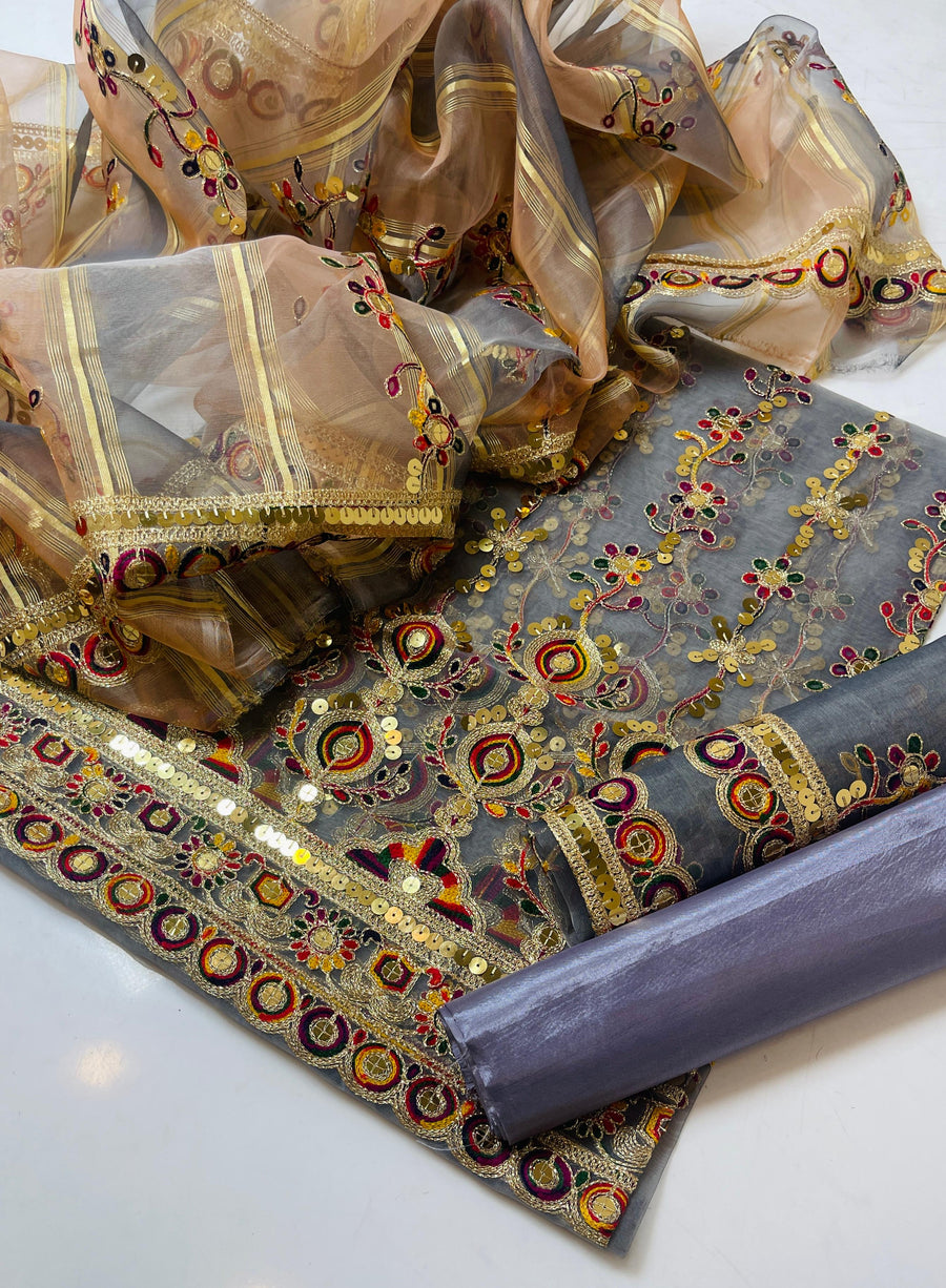 3-Piece Unstitched Organza Embroidered Dress – Sequin Dupatta & Kataan Silk Trouser