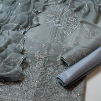 3-Piece Unstitched Fancy Dress – Organza Embroidered Shirt with Chiffon Dupatta