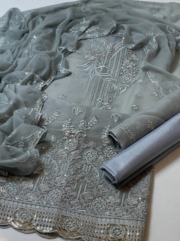 3-Piece Unstitched Fancy Dress – Organza Embroidered Shirt with Chiffon Dupatta