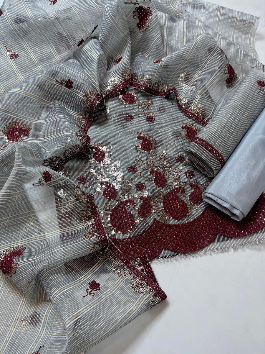 3-Piece Unstitched Khaddi Suit – Boring Work Shirt & Embroidered Jaal Dupatta