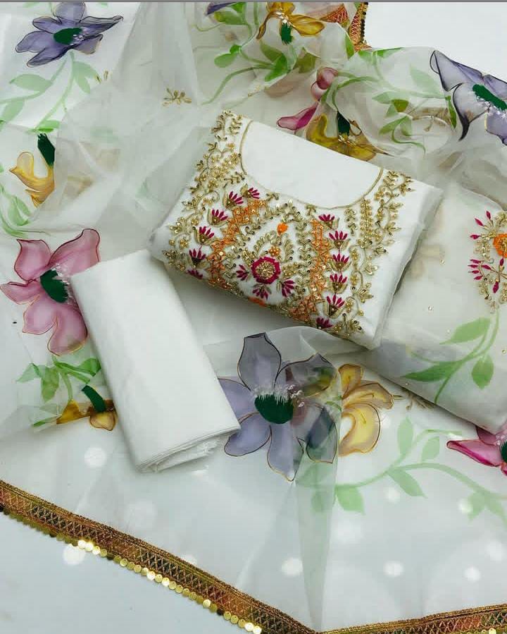 3-Piece Unstitched Indian Organza Dress – Handwork Shirt & Brushpant Dupatta