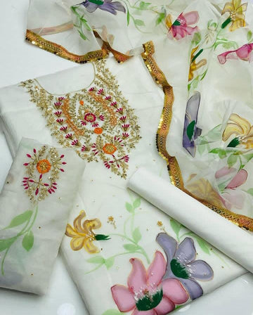 3-Piece Unstitched Indian Organza Dress – Handwork Shirt & Brushpant Dupatta