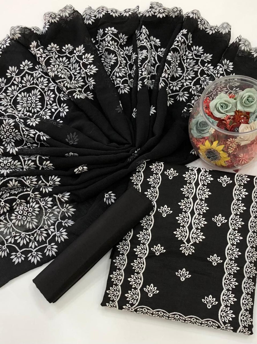 3-Piece GTM Lawn Embroidered Suit – Chiffon Dupatta with Motif & Cotton Trouser