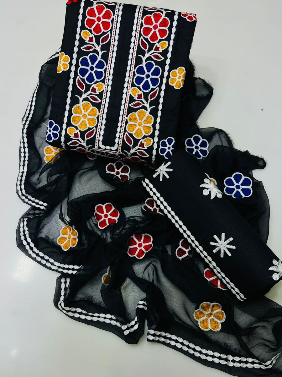 3-Piece Unstitched Embroidered Lawn Suit – Ari Work Shirt, Chiffon Dupatta & Embroidered Trouser