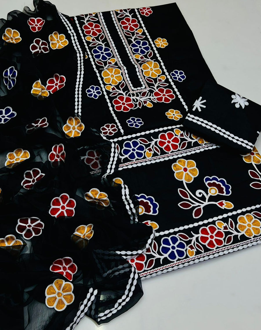 3-Piece Unstitched Embroidered Lawn Suit – Ari Work Shirt, Chiffon Dupatta & Embroidered Trouser