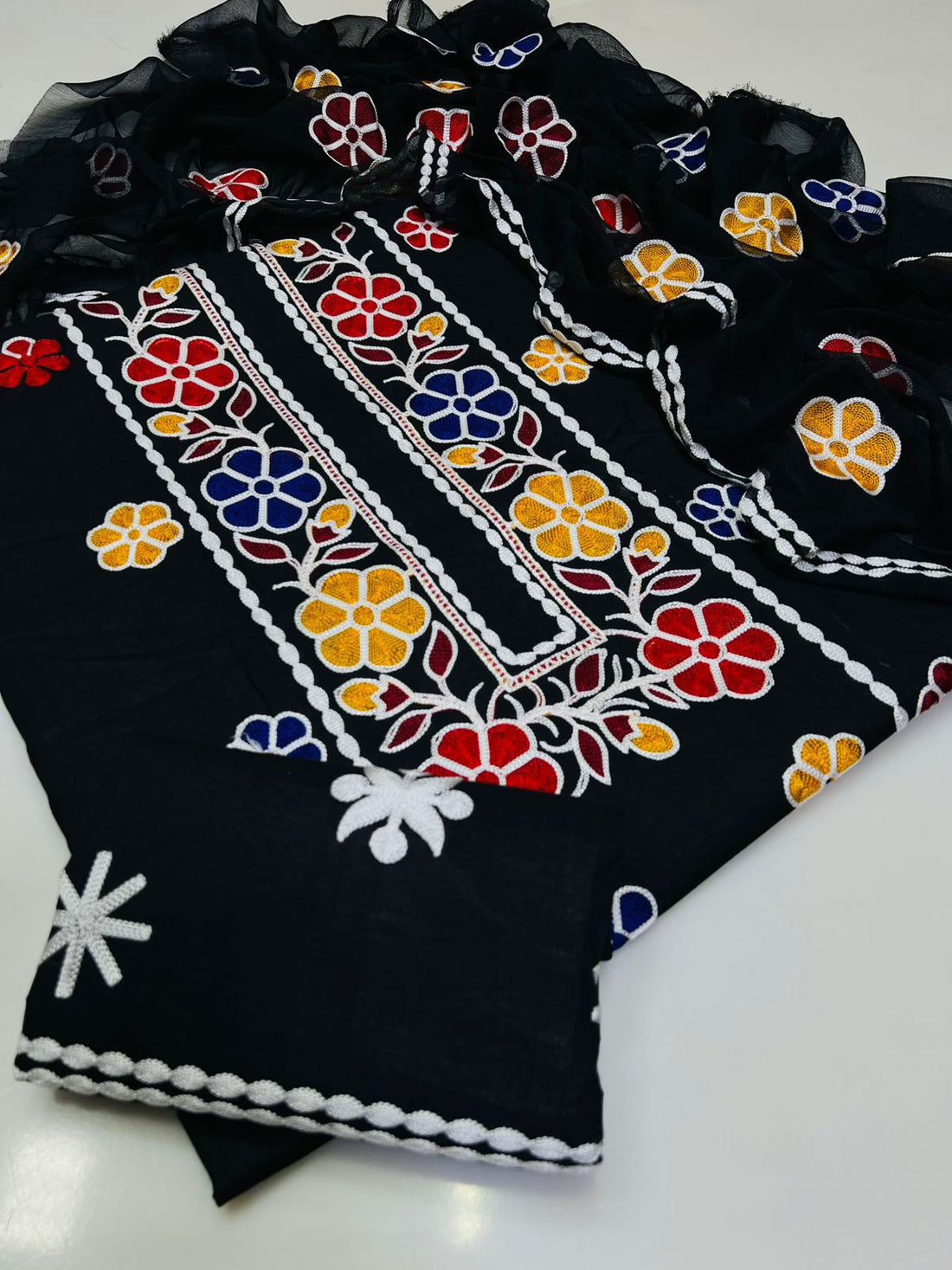 3-Piece Unstitched Embroidered Lawn Suit – Ari Work Shirt, Chiffon Dupatta & Embroidered Trouser