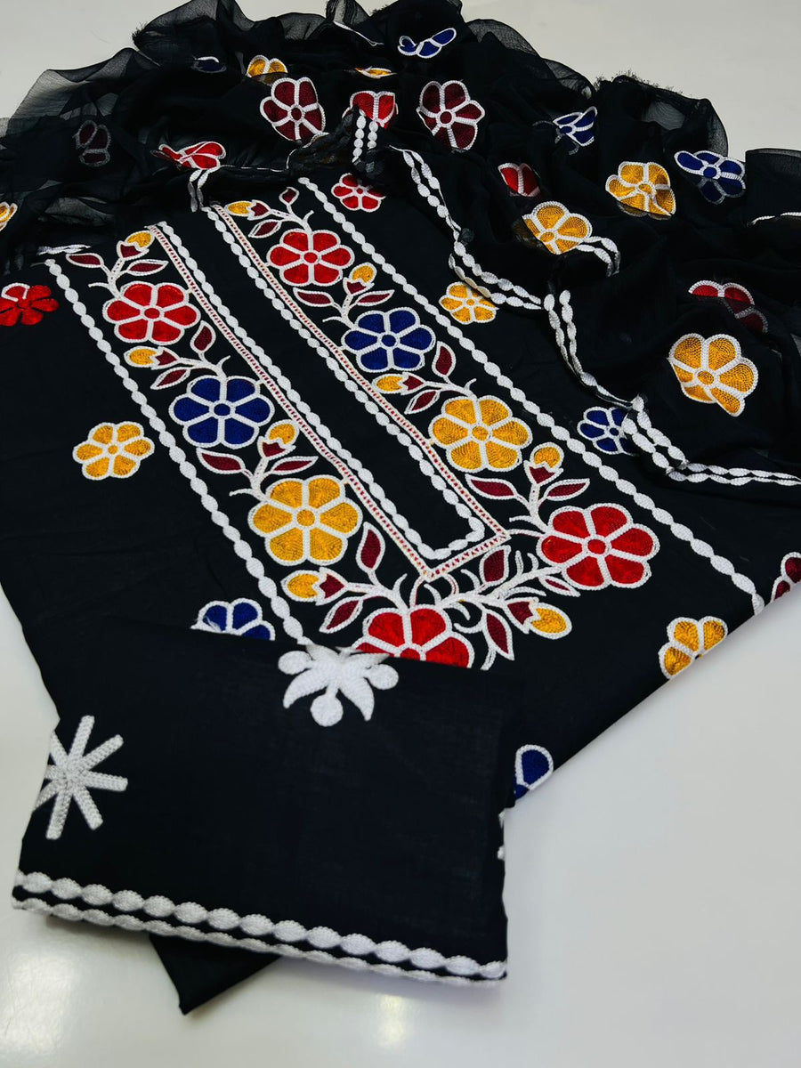 3-Piece Unstitched Embroidered Lawn Suit – Ari Work Shirt, Chiffon Dupatta & Embroidered Trouser