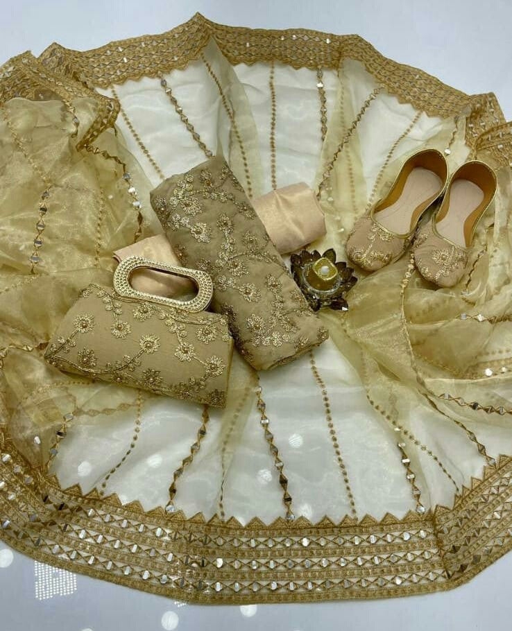 5-Piece Unstitched Party Suit – Chiffon Nag Jaal Shirt with Organza Dupatta, Khussa & Clutch