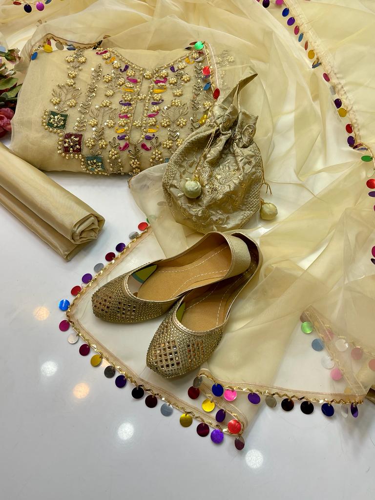 5-Piece Unstitched Wedding Suit – Organza Molty Work with Khussa & Bag