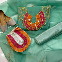 5-Piece Unstitched Organza Dress – Tilla Aari Embroidery with Khussa & Bag