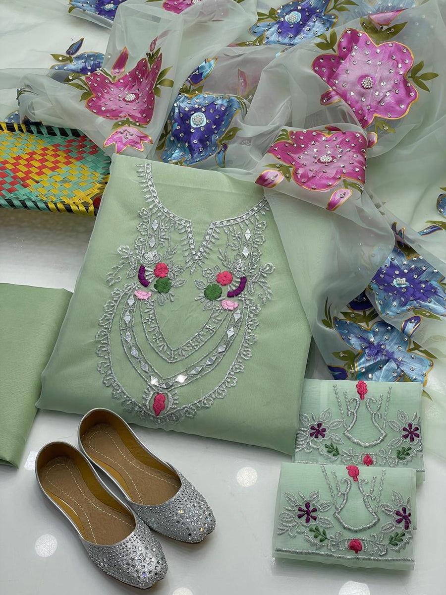 4-Piece Unstitched Luxury Dress – Organza Mirror & Tilla Work with Dupatta, Trousers & Khussa