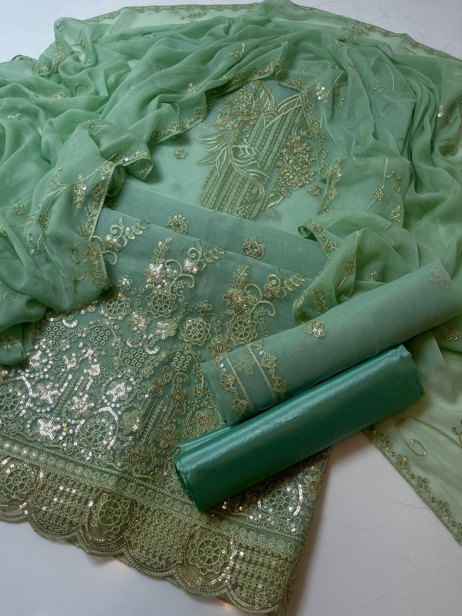 3-Piece Unstitched Fancy Dress – Organza Embroidered Shirt with Chiffon Dupatta