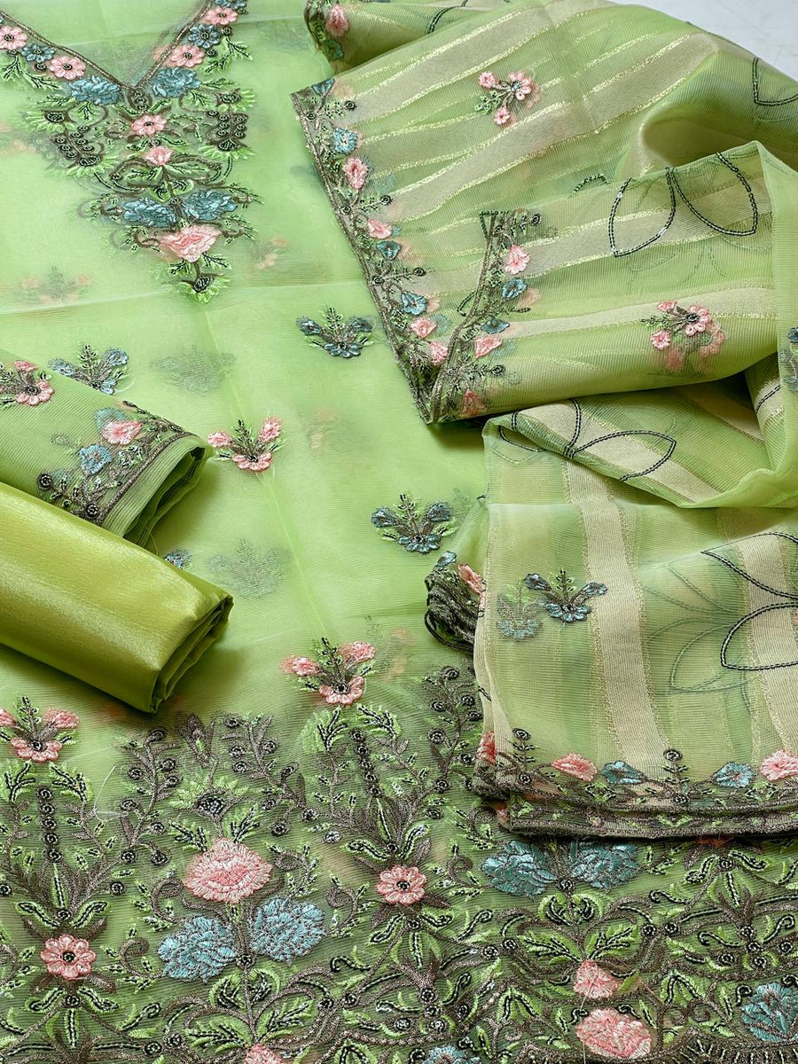 3-Piece Unstitched Organza Fancy Suit – Embroidered Shirt & Chiffon Dupatta