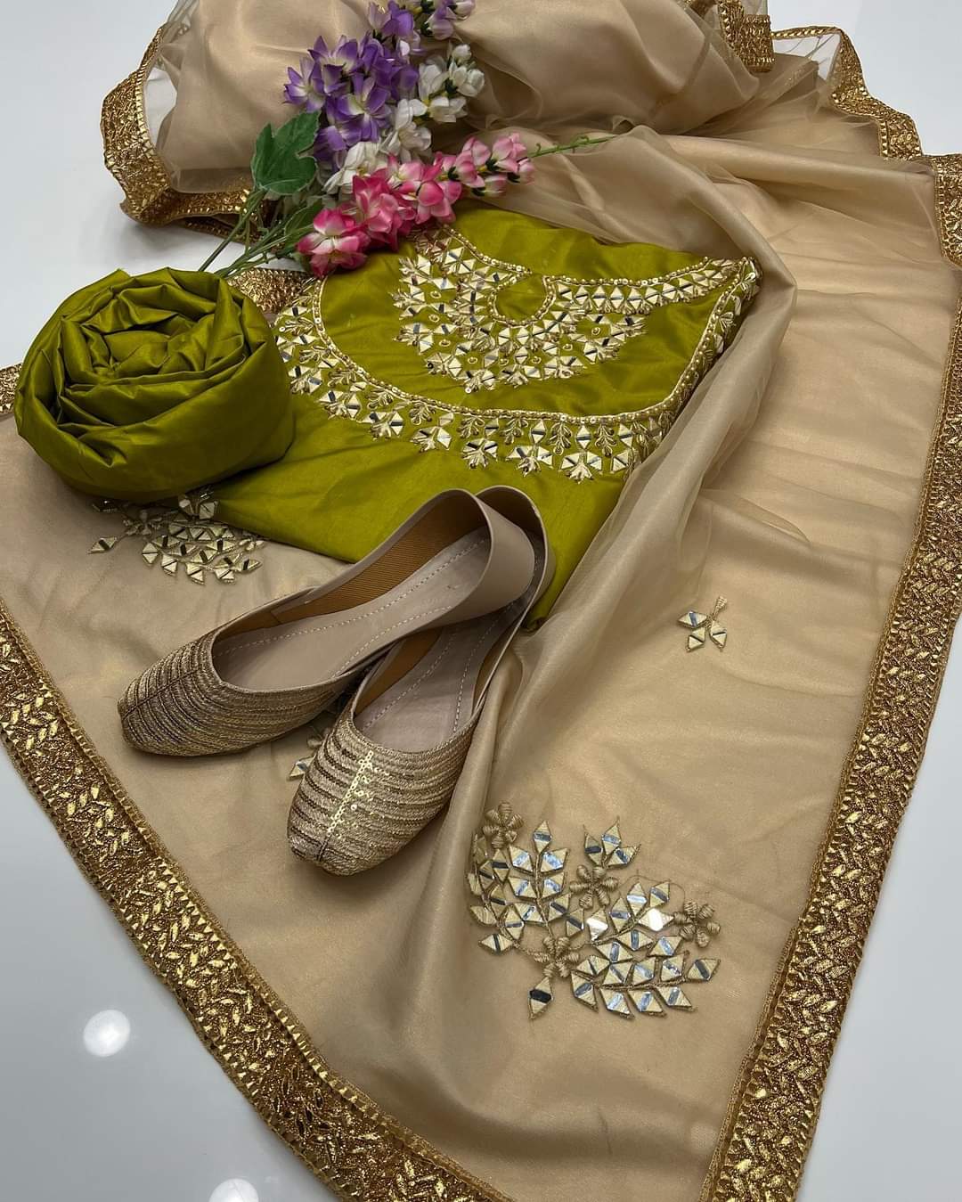 4-Piece Unstitched Kataan Mirror Work Suit – With Net Dupatta & Golden Khussa