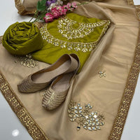 4-Piece Unstitched Kataan Mirror Work Suit – With Net Dupatta & Golden Khussa