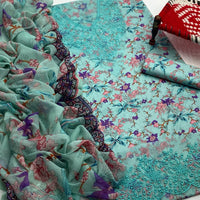 3-Piece Unstitched Lawn Suit – Printed Shirt with Embroidered Patches & Chiffon Dupatta
