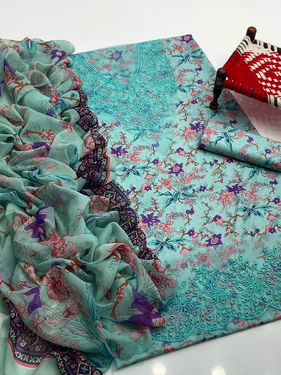3-Piece Unstitched Lawn Suit – Printed Shirt with Embroidered Patches & Chiffon Dupatta