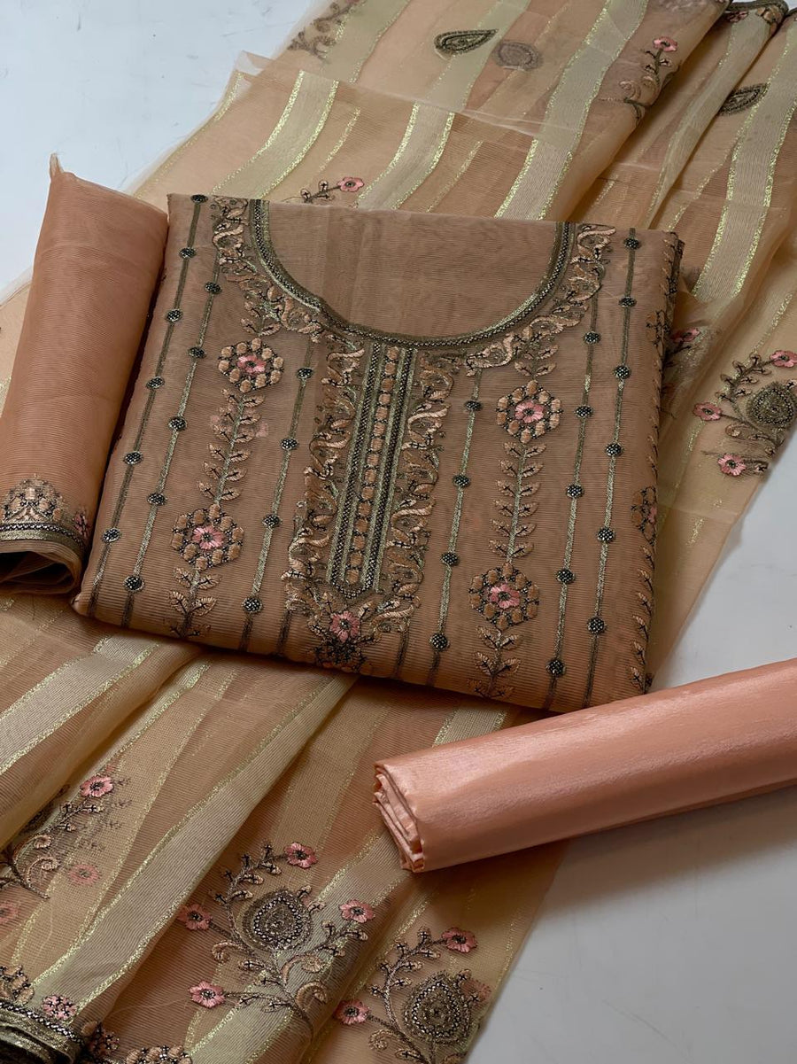 3-Piece Organza Embroidered Dress – Jaal & Boring Work Dupatta with Kataan Silk Trouser