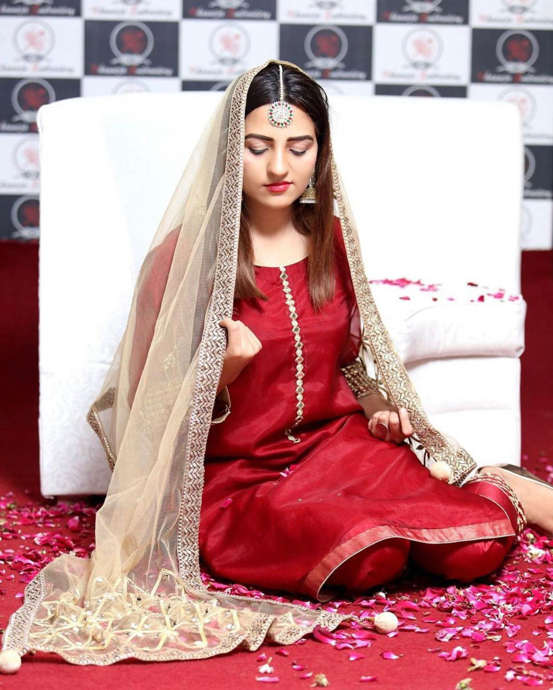 3-Piece Unstitched Wedding Dress – Chiffon Mirror Work Shirt, Kataan Trouser & Net Dupatta