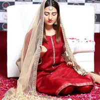 3-Piece Unstitched Wedding Dress – Chiffon Mirror Work Shirt, Kataan Trouser & Net Dupatta