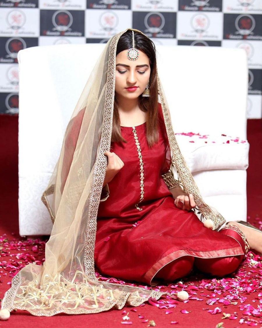 3-Piece Unstitched Wedding Dress – Chiffon Mirror Work Shirt, Kataan Trouser & Net Dupatta