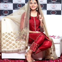 3-Piece Unstitched Wedding Dress – Chiffon Mirror Work Shirt, Kataan Trouser & Net Dupatta