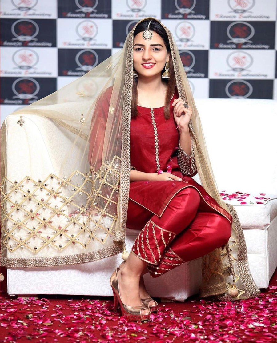 3-Piece Unstitched Wedding Dress – Chiffon Mirror Work Shirt, Kataan Trouser & Net Dupatta