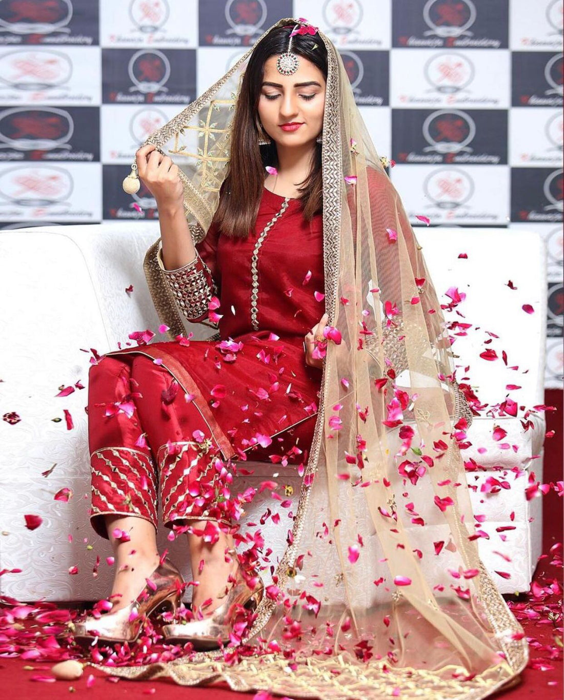 3-Piece Unstitched Wedding Dress – Chiffon Mirror Work Shirt, Kataan Trouser & Net Dupatta